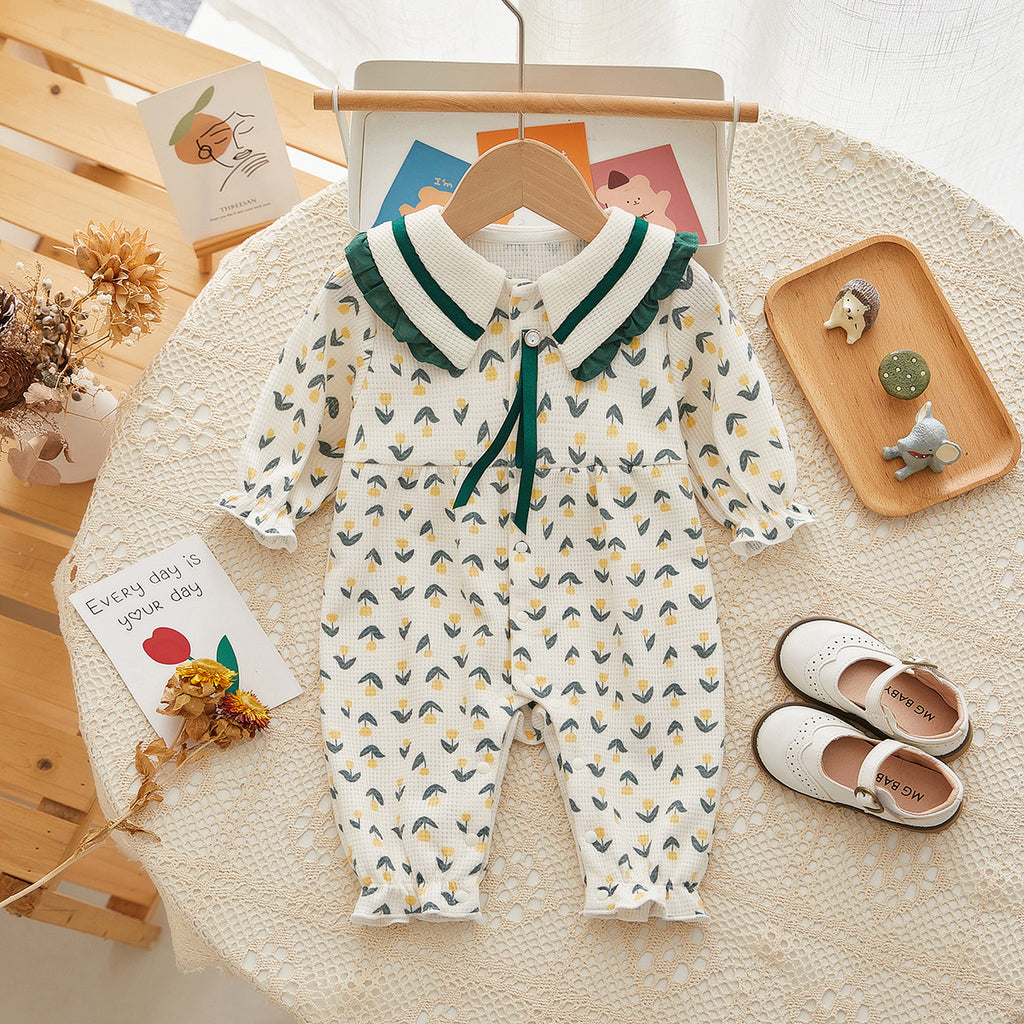 Baby Clothes Autumn New Girl Baby Clothes Long Sleeved Lapel Pastoral Style Romper Single-Breasted Baby Onesie