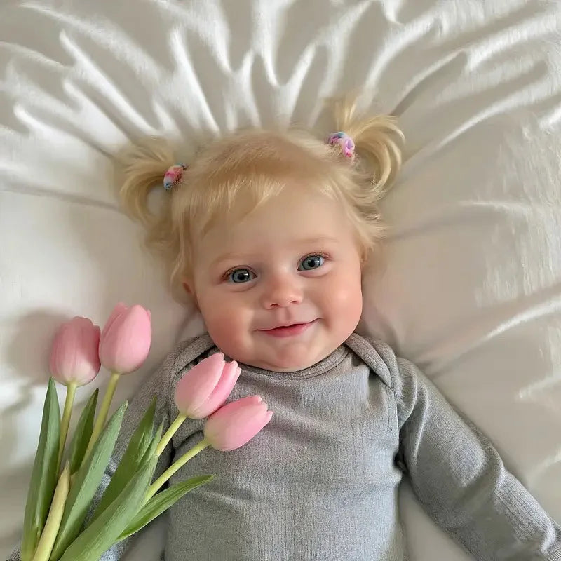 A 20-inch (50 cm) full vinyl reborn baby girl doll named Maddie with rooted blonde hair.